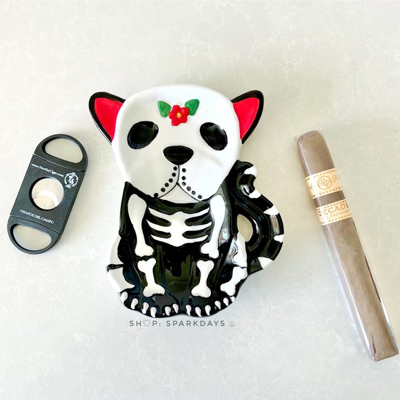 Bulldog Skeleton Puppy Dog Sugar Skull Smoke Ashtray Jewelry Dish Ceramic Plate - Picture 8 of 8